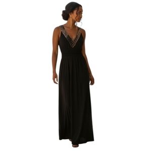 Black Sleeveless Stretchy High Waist NYE Maxi Dress Gold Sequinned V-neck Large